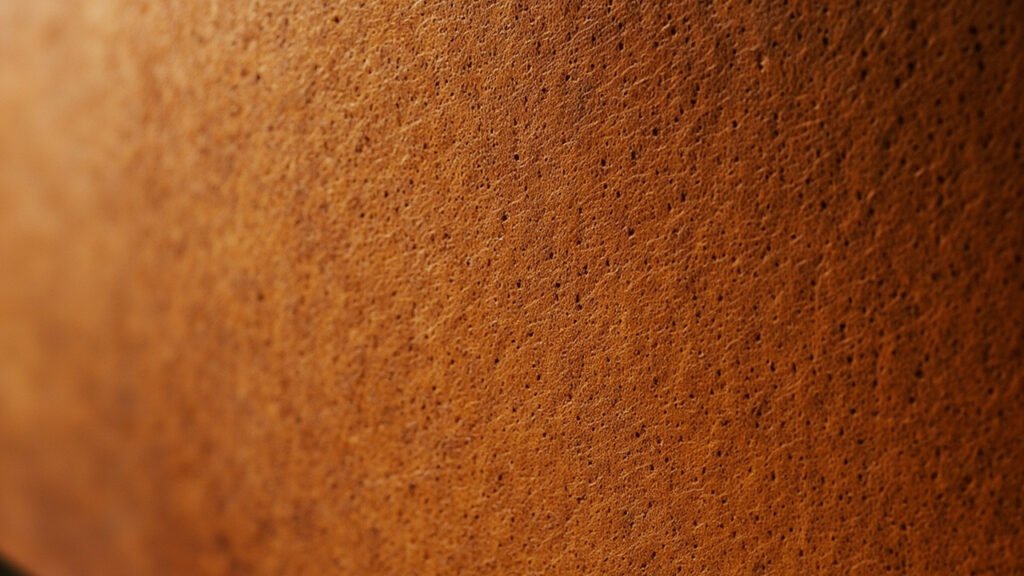 Gros plan sur la texture d'un cuir tanné végétal aux tons miel.