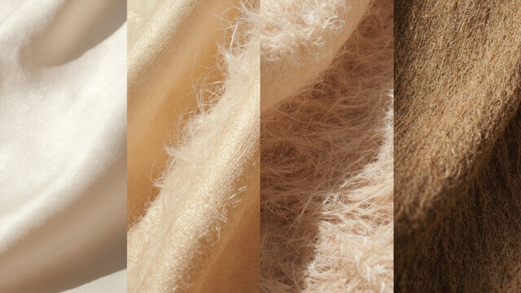 Gros plan sur la trame de quatre soies: mûrier, tussah, éri, muga.