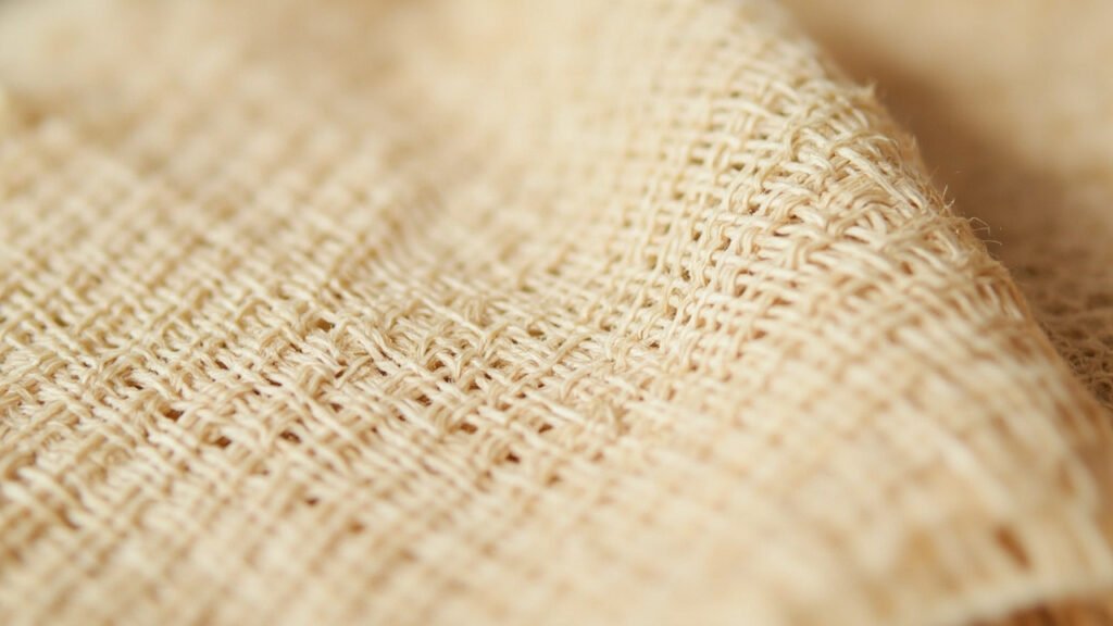 Gros plan sur la trame irrégulière d'un tissu de lin brut.