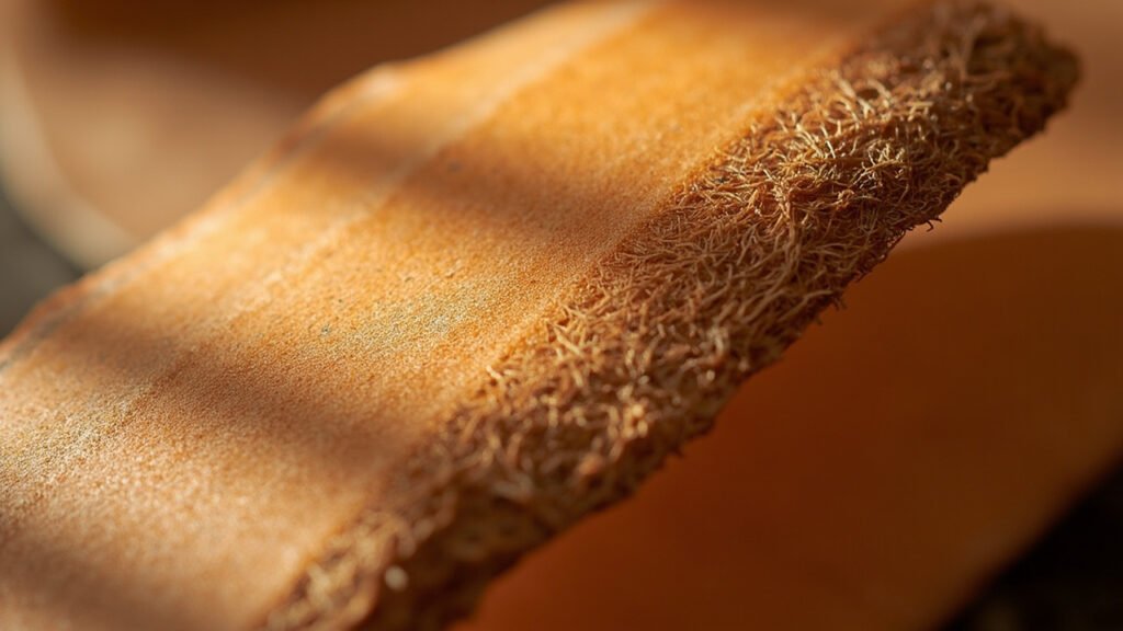 Gros plan sur la tranche fibreuse d'un cuir végétal ambre.