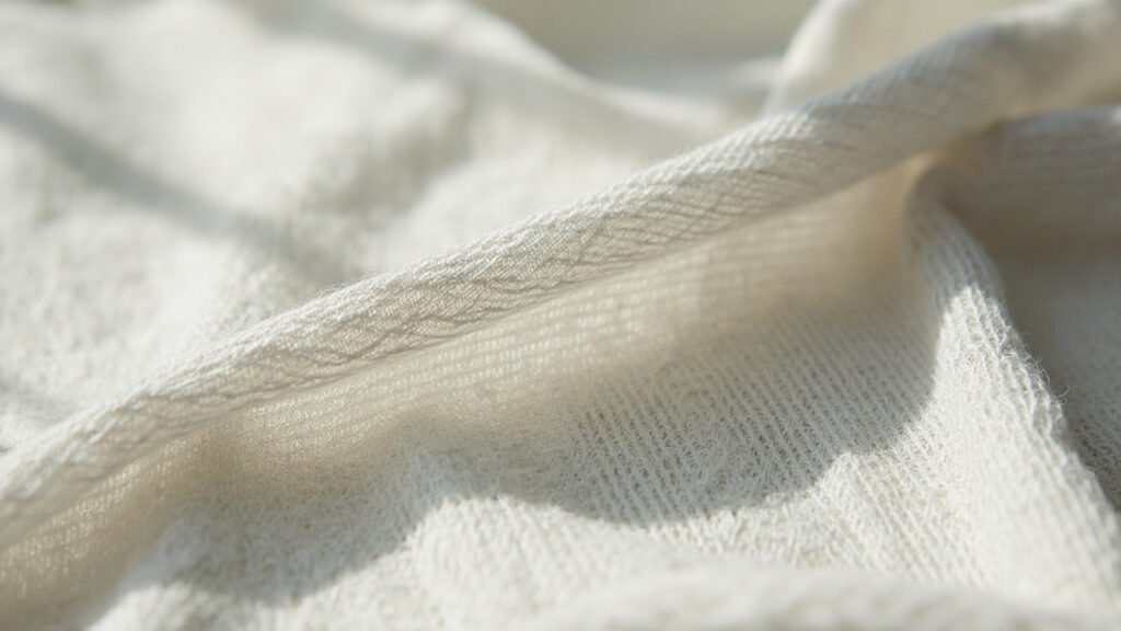 Gros plan sur les mailles fines d'un jersey cachemire gris perle.