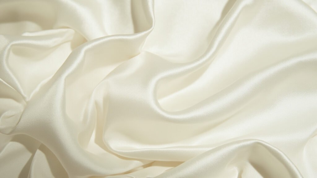 Gros plan sur plis serrés de satin blanc perlé.