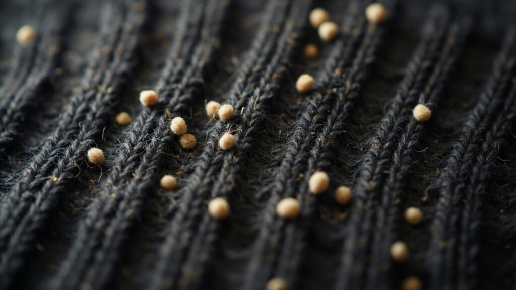 Gros plan sur tricot cachemire charbon couvert de bouloches duveteuses.