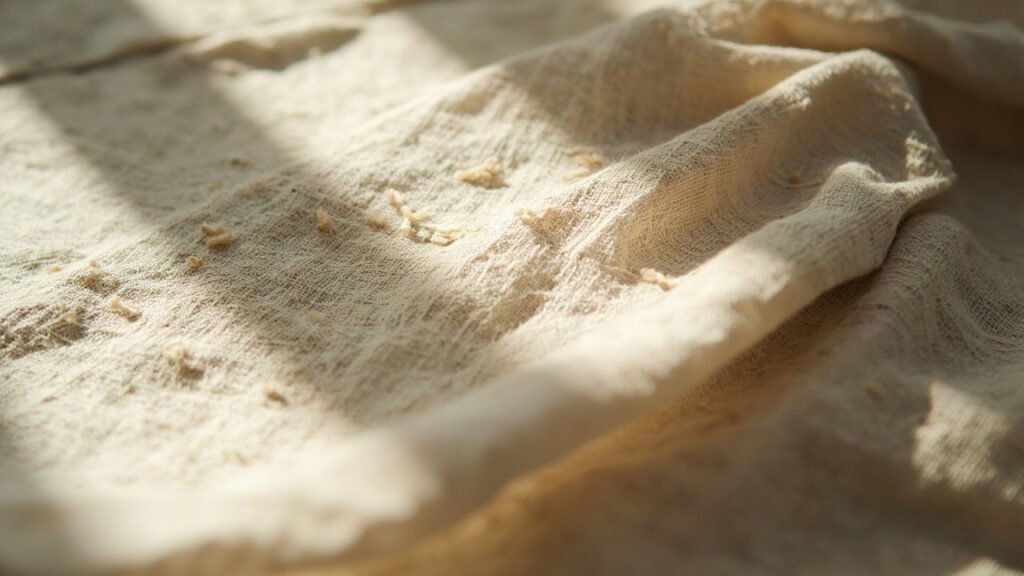 Gros plan sur un tissu de lin brut révélant ses irrégularités naturelles.