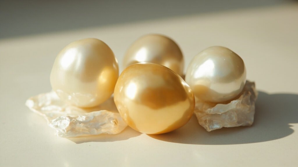 Grosses perles des Mers du Sud sur nacre brute.