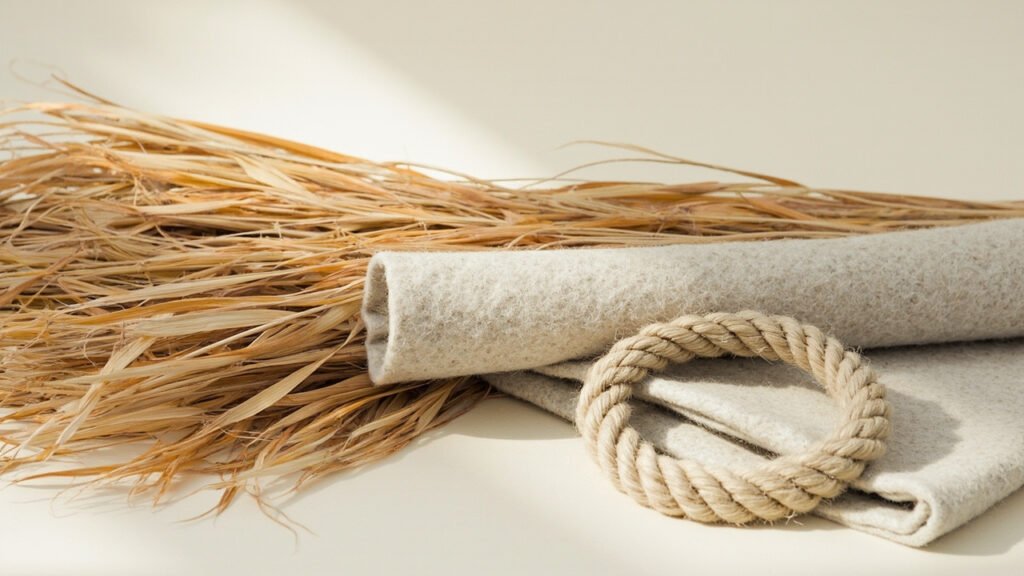 Herbes sèches mongoles, feutre gris plié et corde de laine brute.