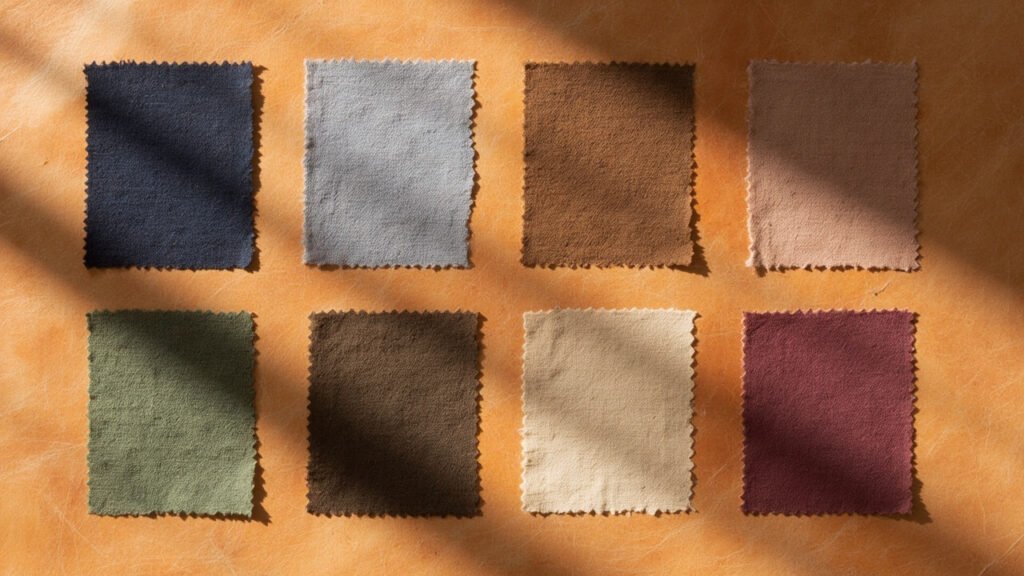 Huit échantillons de soie tissée disposés en grille sur cuir tan.
