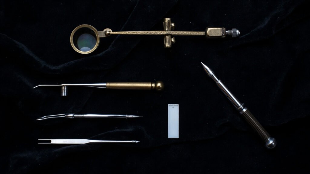 Instruments de gemmologie sur velours noir : loupe, balance, brucelles, dichroscope, lampe UV.