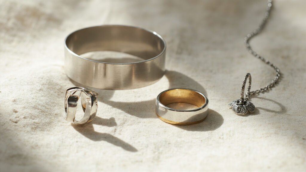 Joaillerie en platine, or blanc, argent et rhodium sur lin naturel.