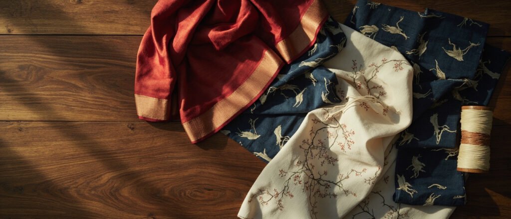 Kimono indigo, sari cramoisi, ao dai ivoire déployés sur bois sombre.