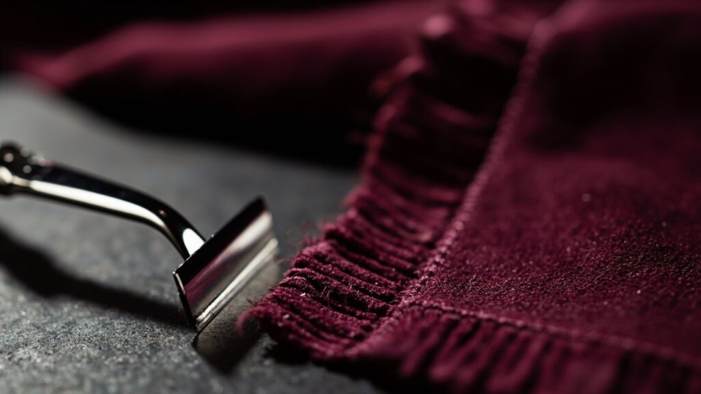 Lame d'acier tranchant une boucle de velours pourpre
