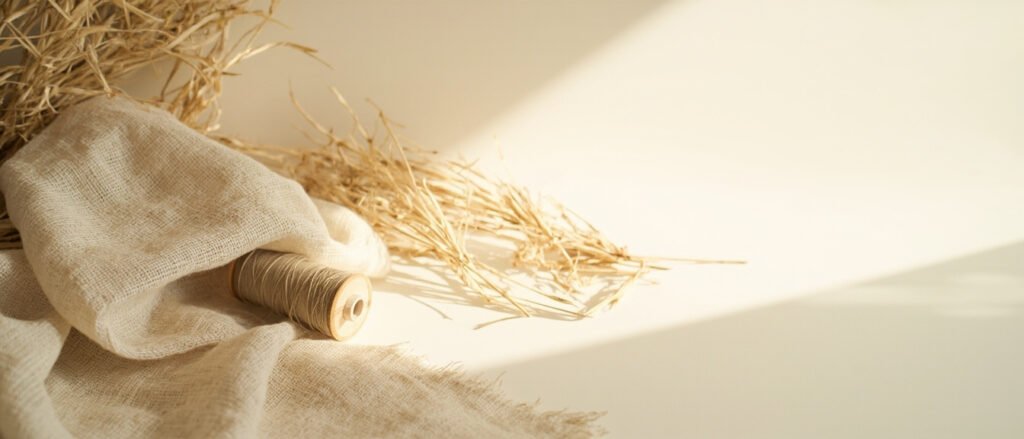 Lin European Flax écru plié, fibres brutes et bobine de fil.