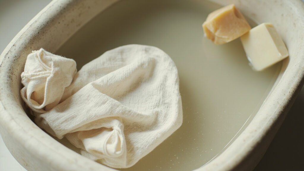 Lin ancien trempé dans une bassine avec savon naturel.