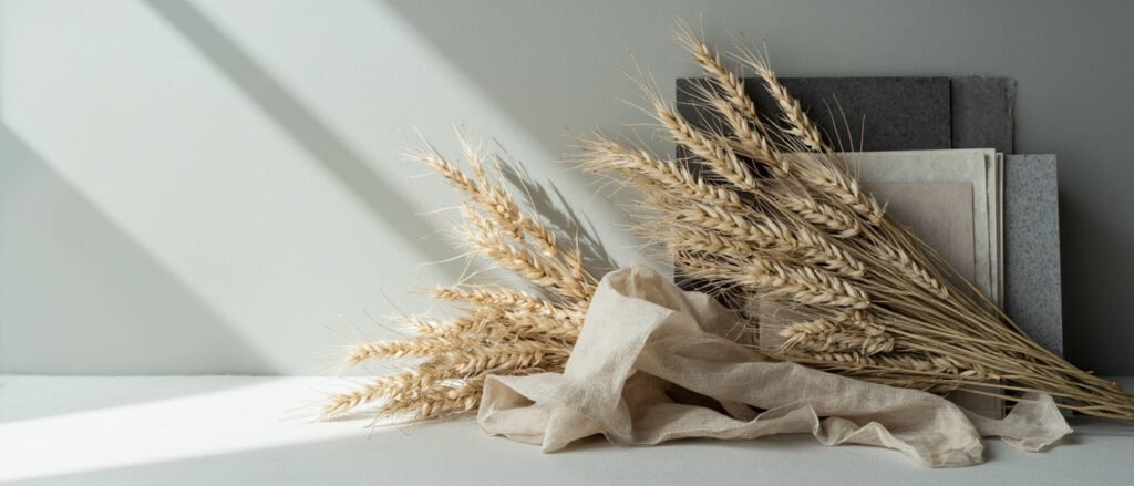 Lin brut, fibres, tissu d'avoine, panneau composite et papier fiduciaire alignés.