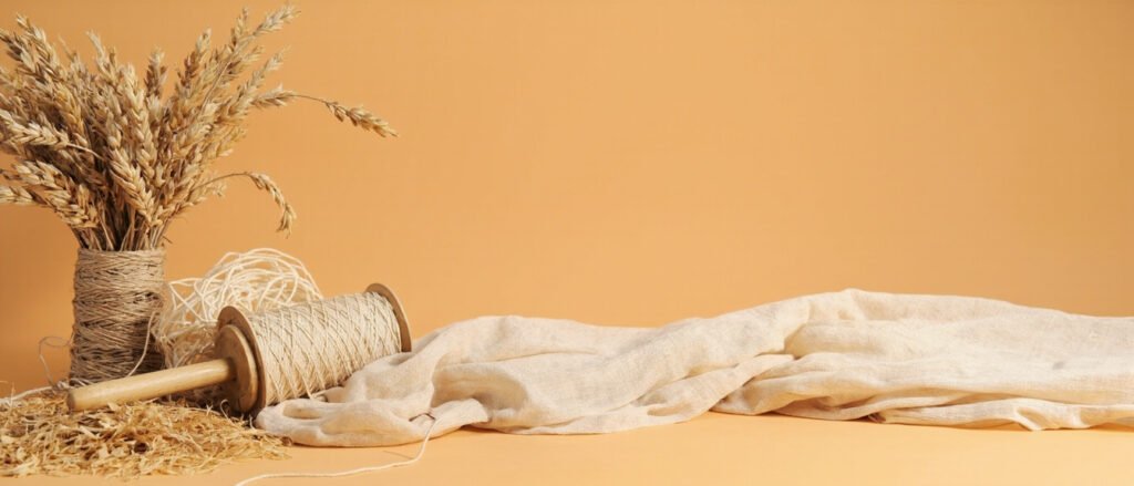 Lin écru brut, tiges séchées et tissu tissé transparent sur fond ocre.