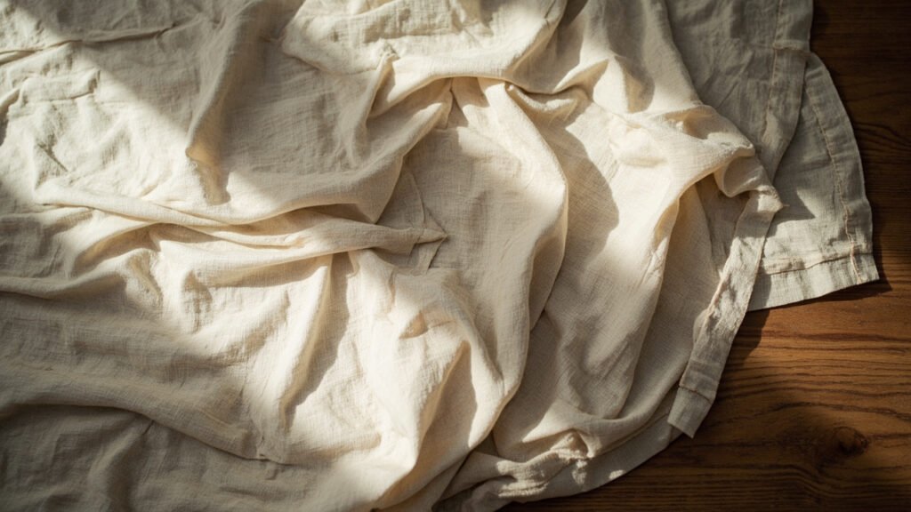 Lin froissé drapé sur bois, lumière rasante.