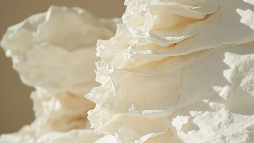 Lin froissé ivoire aux plis permanents sculpturaux, ombres et lumière.