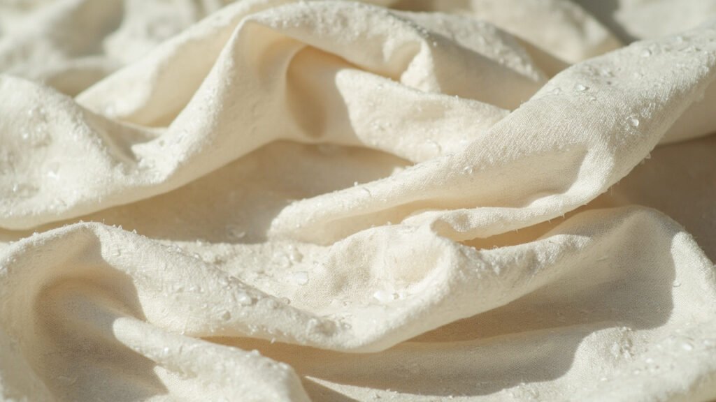 Lin humide aux gouttelettes perlant sur le tissage serré couleur avoine.