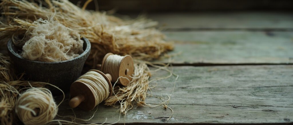 Lin humide, fibres dorées, bobines de fil écru, chêne patiné.