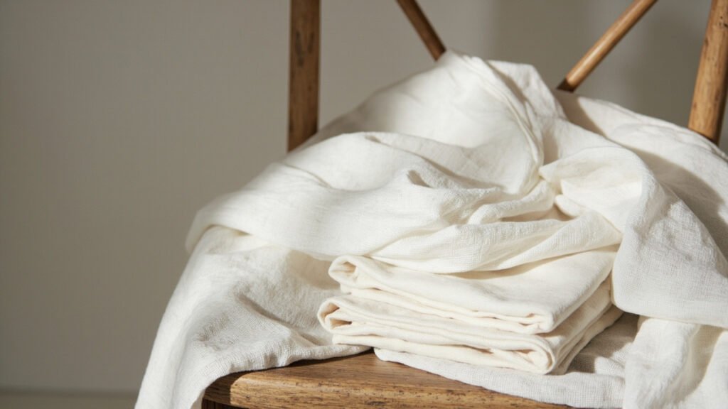 Lin lavé froissé drapé sur chaise en chêne brut.
