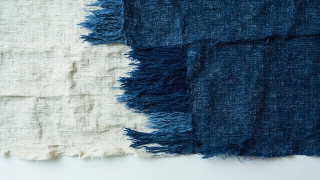 Lin mi-teint en bleu de guède, capillarité visible sur la trame.