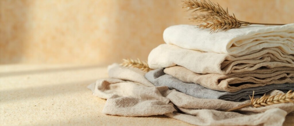 Lin naturel plissé en tons neutres, texture tissée et drapé fluide.