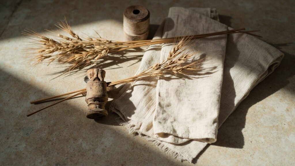 Lin séché, bobine en bois et textile ancien écru.