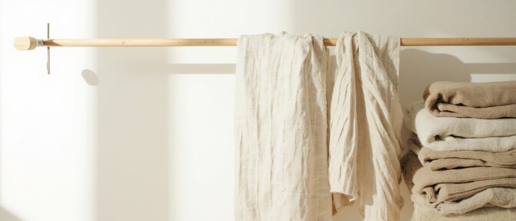 Linge de lin écru drapé sur séchoir en bois clair, lumière douce.