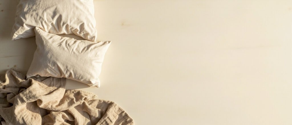 Linge de lit en lin écru, drapés plissés et oreiller sur bois clair.