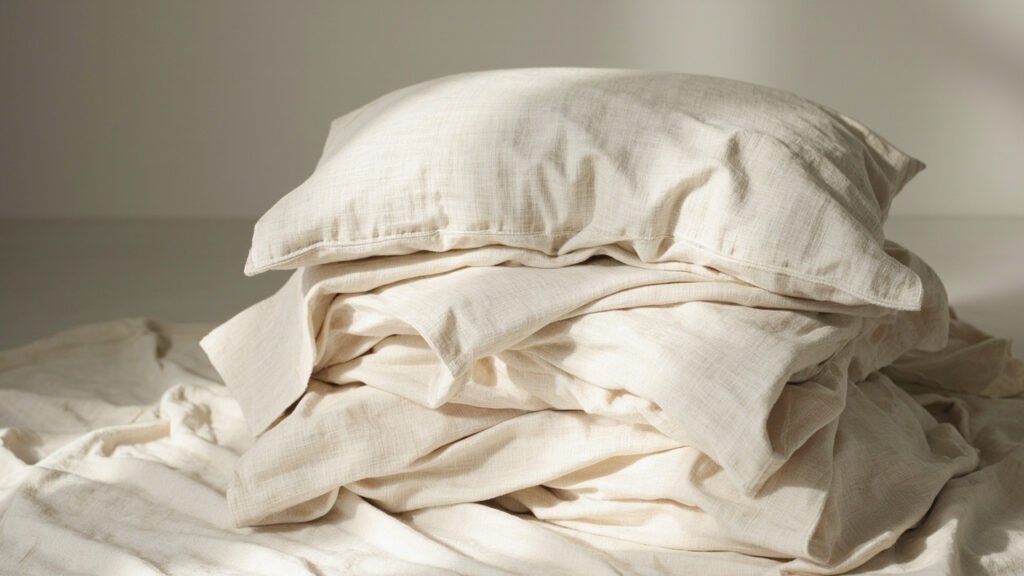 Linge de lit en lin froissé couleur lin brut, lumière douce.
