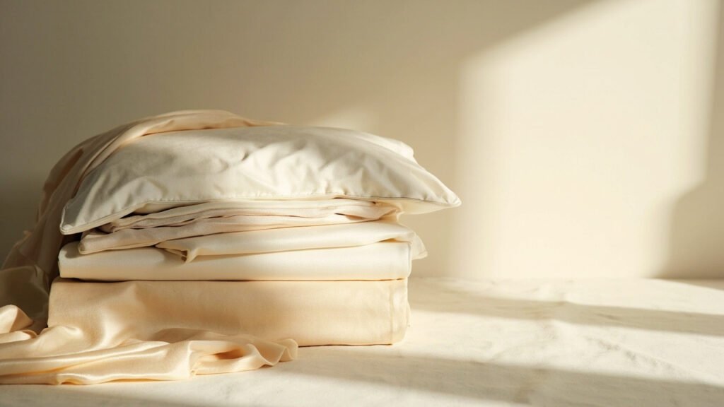 Linge de maison en satin champagne, ivoire et perle, plié et drapé.