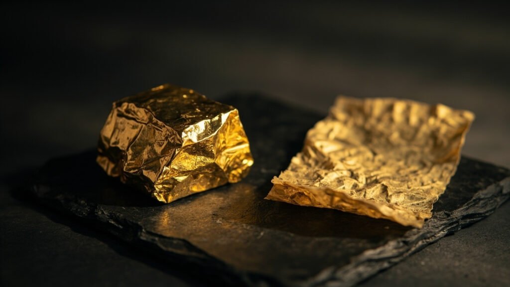 Lingot d'or 24 carats plié et froissé sur ardoise noire