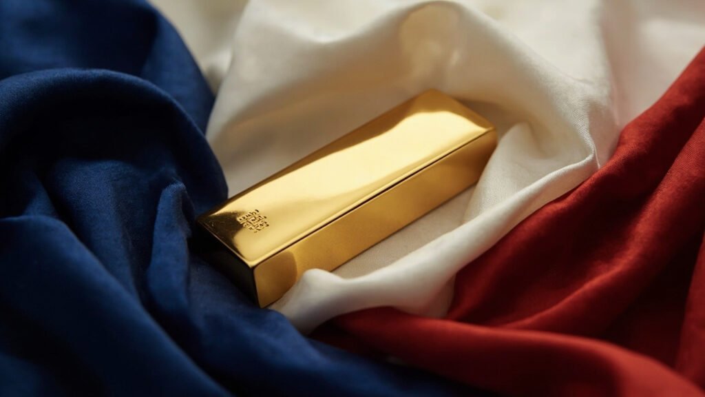 Lingot d'or drapé dans des soies bleu blanc rouge.