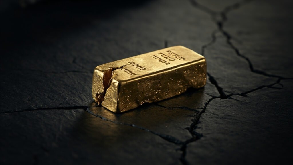 Lingot d'or fissuré reposant sur ardoise noire éclatée.
