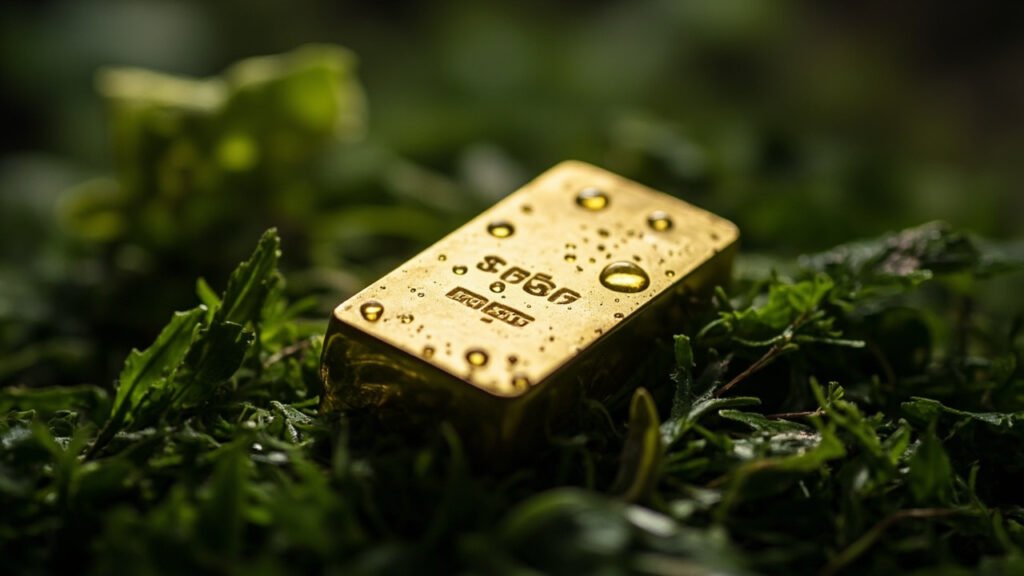 Lingot d'or mat posé sur mousse verte et fougères, gouttes d'eau.