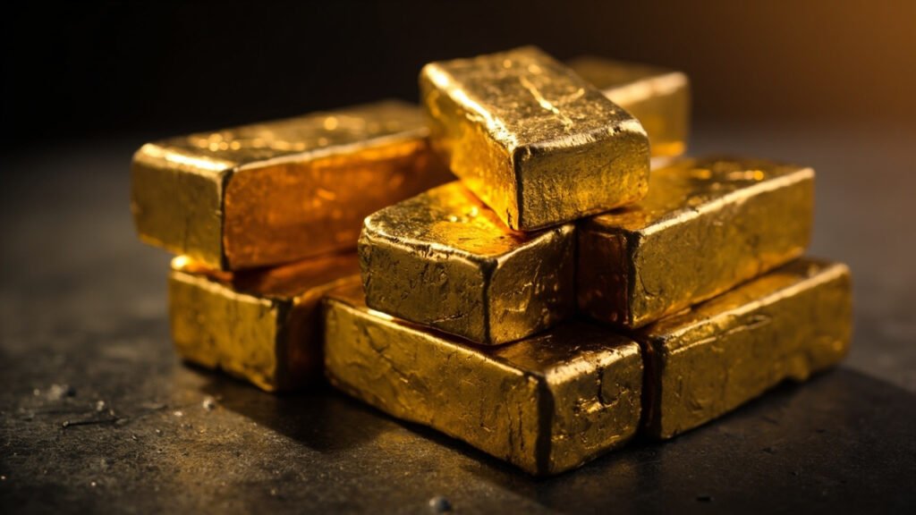 Lingots d'or anciens empilés sur ardoise, lumière chaude révélant l'éclat métallique.