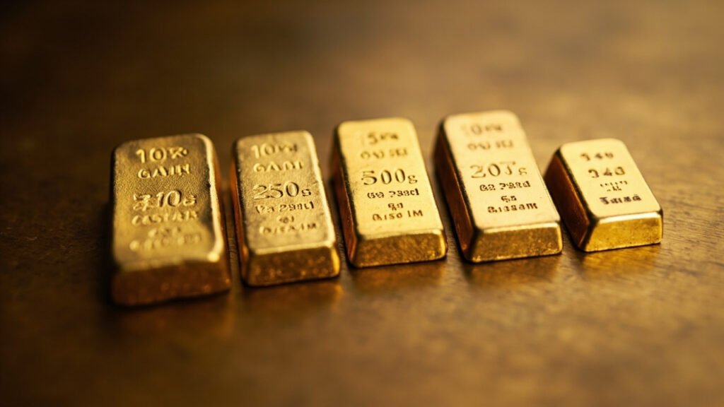 Lingots d'or de poids gradués alignés sur bronze brossé.