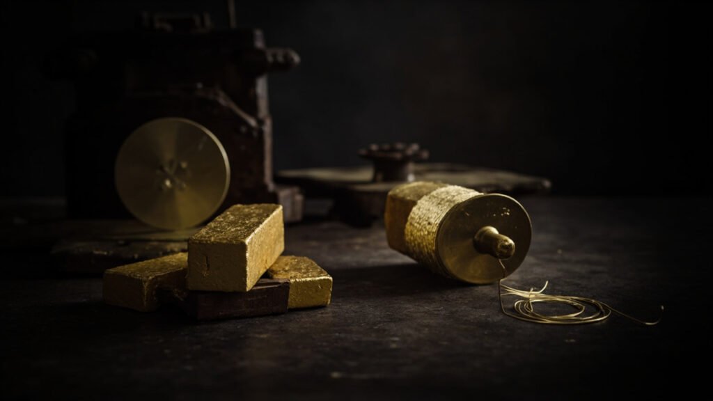 Lingots d'or fraîchement coulés, laminoir et filière à étirer l'or.