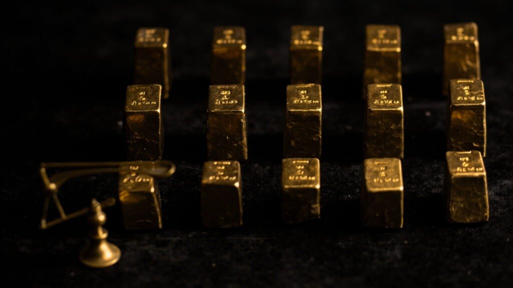 Lingots d'or identiques empilés sur velours noir près d'une balance.
