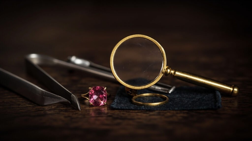 Loupe de bijoutier examinant un rubis serti sur or