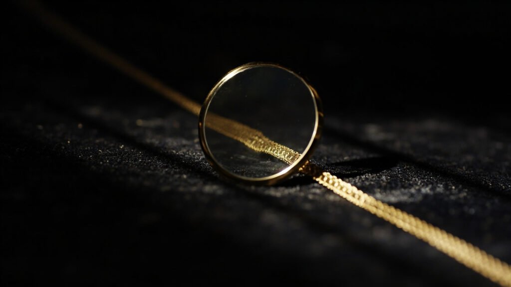 Loupe de bijoutier grossissant les maillons d'une chaîne en or brossé.