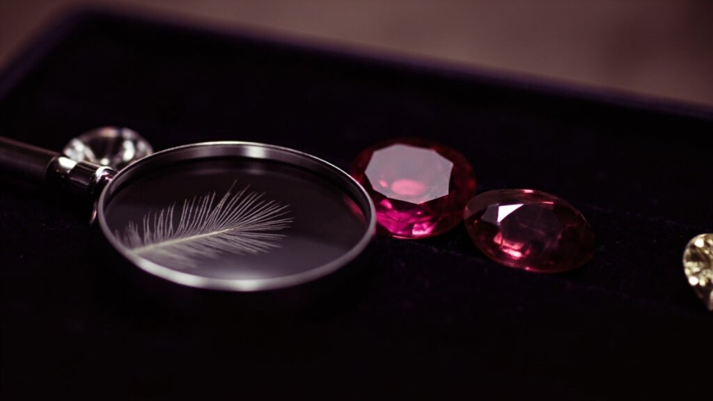 Loupe de bijoutier posée près d'un rubis facetté, inclusions visibles.