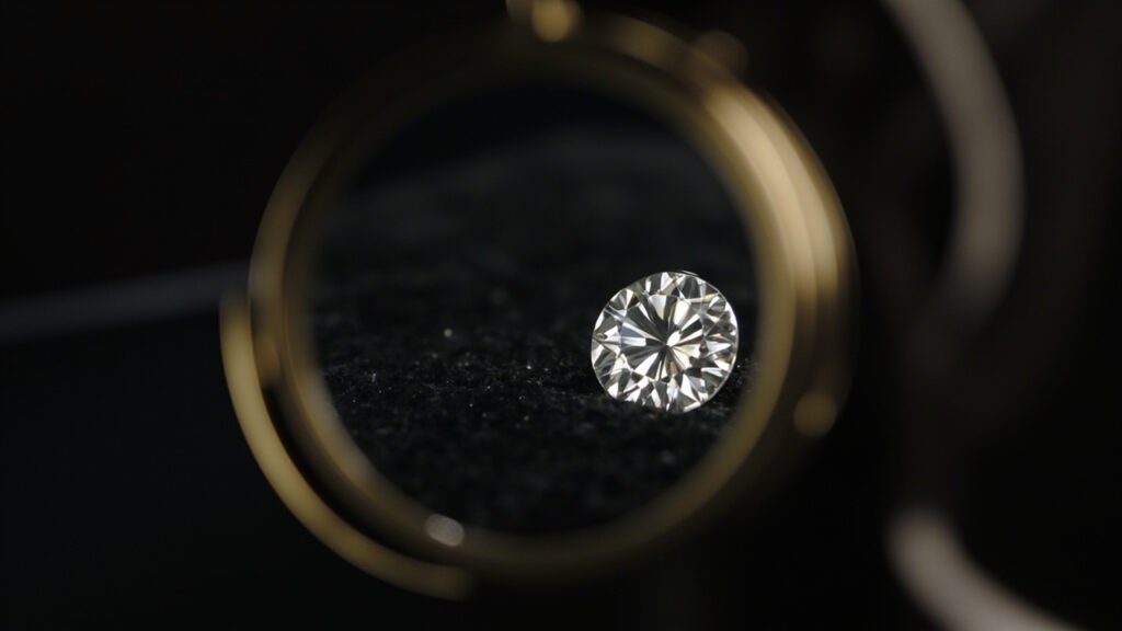 Loupe de joaillier examinant les facettes d'un diamant taille rose.