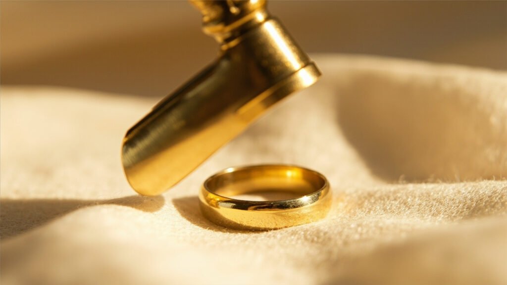 Loupe de joaillier examinant une bague en or poli