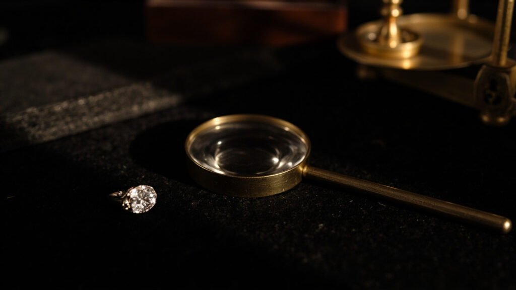 Loupe de joaillier posée sur velours noir auprès d'un diamant.