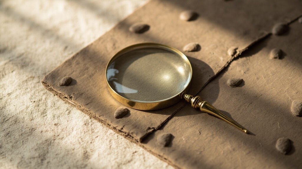 Loupe de joaillier sur cuir d'autruche taupe.