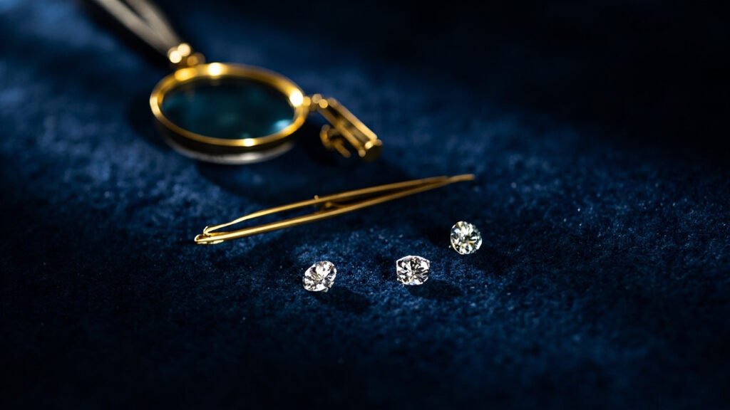 Loupe en laiton sur velours bleu nuit, trois diamants taillés.