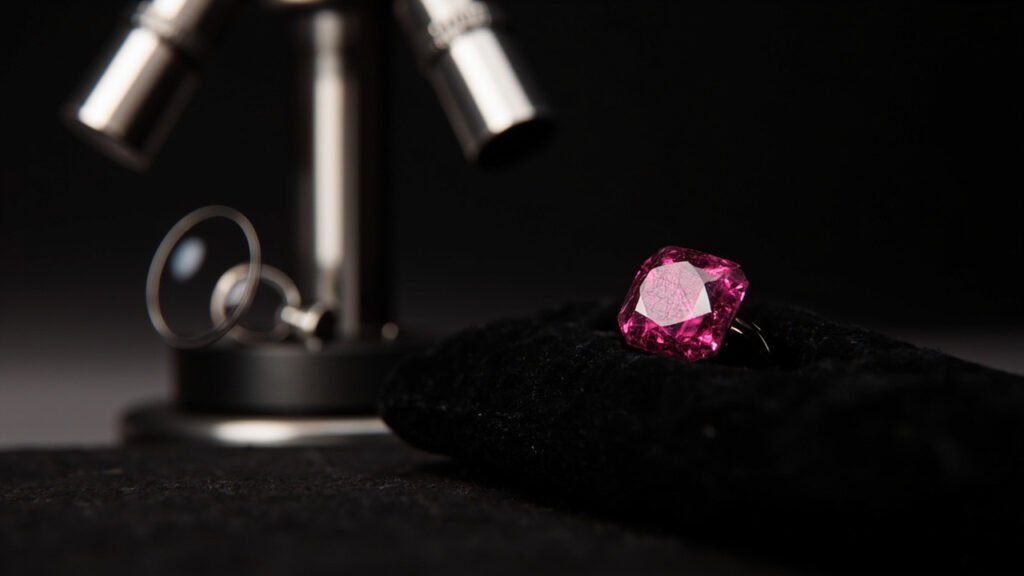Loupe et microscope dévoilant les inclusions d'un rubis
