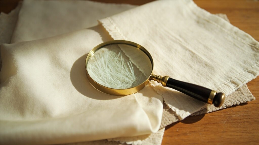Loupe examinant la trame du satin face au coton.