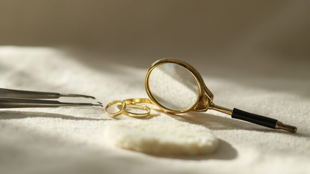 Loupe examinant l'intérieur d'une bague en or.